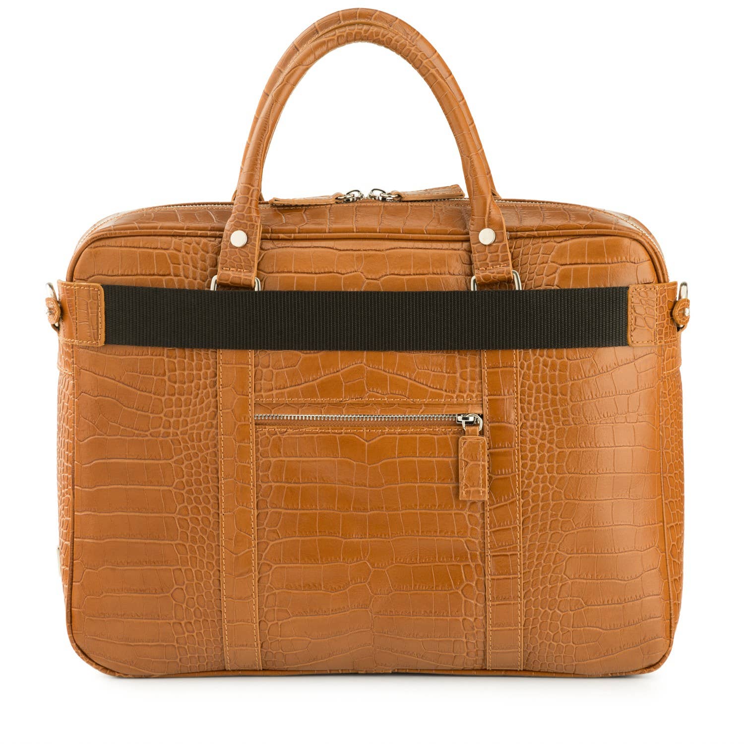 A camel brown crocodile patterned leather laptop handbag presented against a plain background